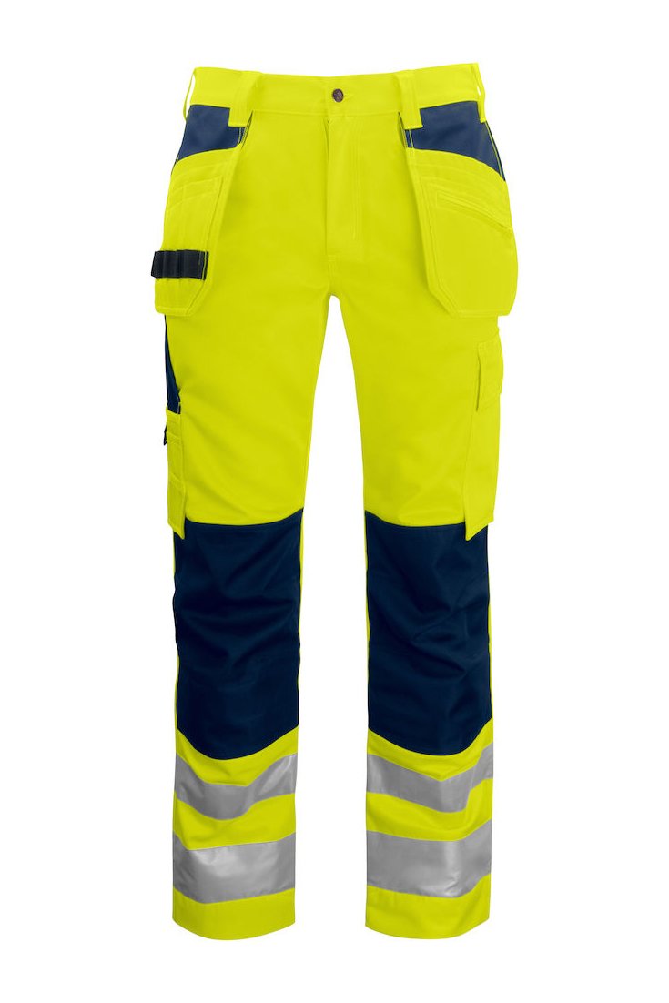 Warnschutz Arbeitshose mit Knieverstärkung und Hängetaschen EN ISO 20471 Klasse 2, gelb/marineblau
